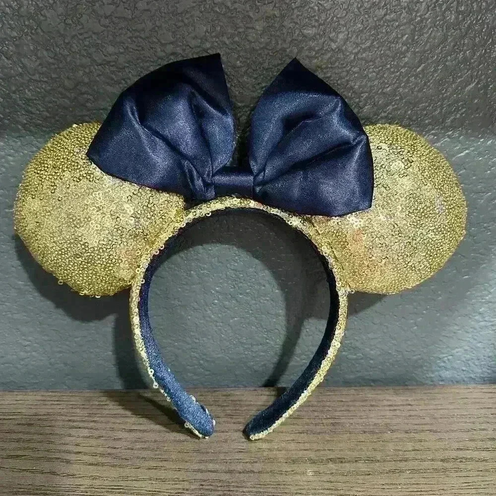 Disney Parks WDW 50th Anniversary Gold Sequin Blue Bow Ears Headband EARidescent